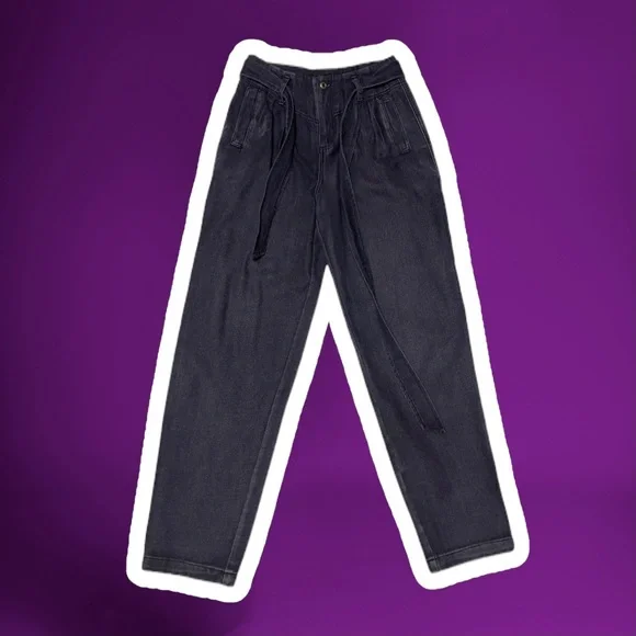 NWT VERY J Belted Bow Zip Button Relaxed fit Baggy Black Denim Jeans - Picture 2 of 7